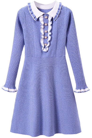 Gorgeous Ladies Dress Contrasted Ribbed Long Sleeve Point Collar Pearl Button Mid A-line Dress