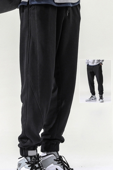 Leisure Men's Pants Solid Color Drawstring Waist Banded Cuffs Ankle Length Pants