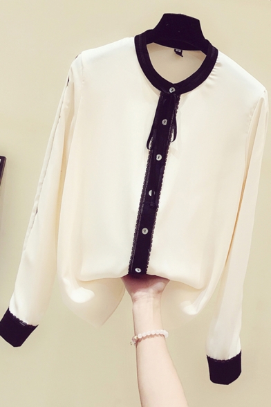 Leisure Women's Shirt Blouse Contrast Lace Trim Button Fly Long Sleeves Mock Neck Regular Fitted Shirt Blouse