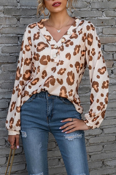 Leisure Women's T-Shirt Leopard Pattern Button Front V Neck Long Bishop Sleeves Relaxed Fit Tee Top