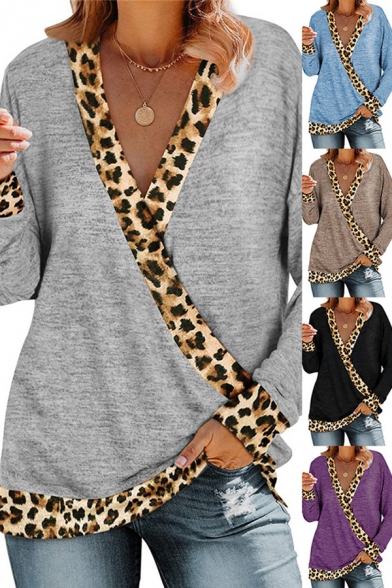 Leisure Women's Tee Top Contrast Trim Leopard Print Wrap Front Long Sleeves Regular Fitted T-Shirt