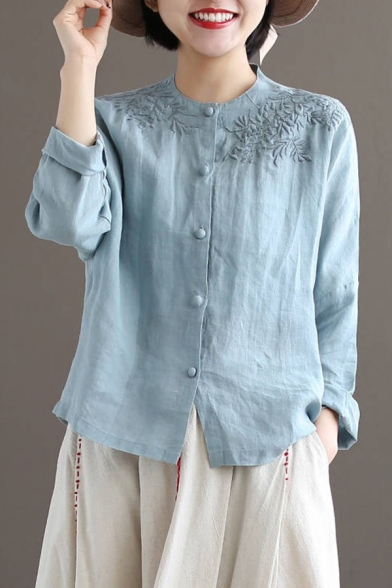Leisure Womens Shirt Flower Embroidery Long Sleeve Crew Neck Button-up Relaxed Linen Shirt