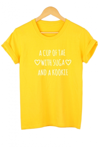 Letter A CUP OF TEA WITH SUGA AND A KOOKIE Heart Print Short Sleeve Cotton Tee