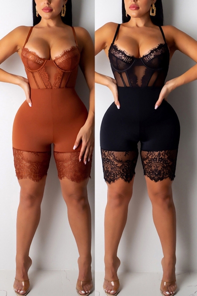 Sexy Womens Romper Spaghetti Straps Sheer Lace Fitted Cami Romper