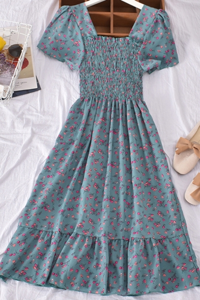 Stylish Women's A-Line Dress Floral Pattern Stringy Selvedge Embellished Short Butterfly Sleeve Square Neck Midi A-Line Dress