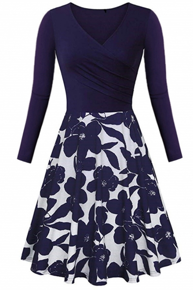 Stylish Womens Dress Floral Print Long Sleeve Surplice Neck Midi A-line Pleated Dress