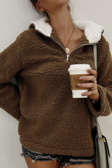 Thick Warm Hoodie Contrast Color 1/4 Zip Collar Long Sleeves Fur Fleece Regular Fitted Hooded Sweatshirt