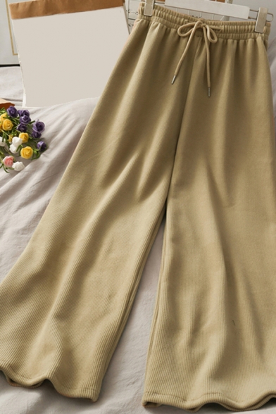 Trendy Women's Pants Solid Color Corduroy Elastic Drawstring Waist Long Straight Pants