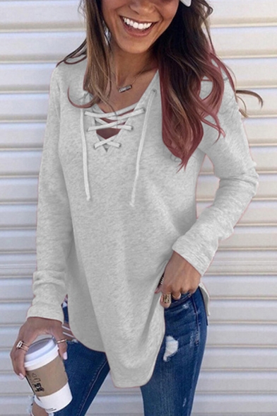 Trendy Women's Tee Top Heathered Lace up Front Long Sleeves Regular Fitted T-Shirt