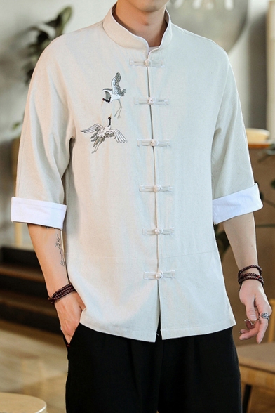 Unique Men's Shirt Horn Button Crane Embroidered Half Sleeve Regular Fitted Shirt