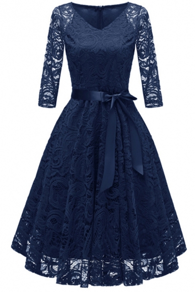 Womens Gorgeous Dress Sheer Lace Half Sleeve V-neck Bow Tied Waist Mid Pleated Swing Dress