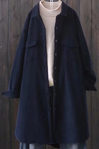 Womens Vintage Coat Corduroy Plain Long Sleeve Spread Collar Button Up Longline Loose Coat