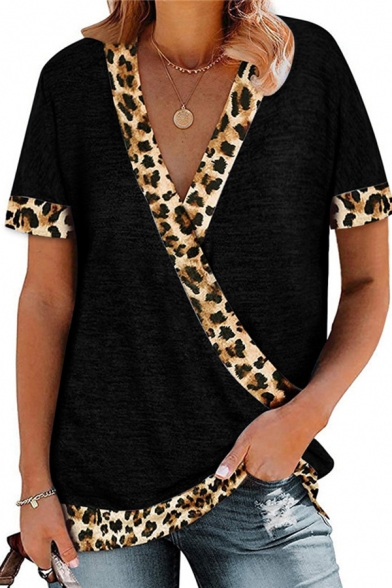 Basic Women's Tee Top Contrast Leopard Trim Wrap Front Short Sleeves Regular Fitted T-Shirt
