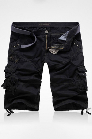 Elegant Men's Shorts Flap Pocket Zip Fly Panel Solid Color Drawstring Hem Mid Waist Knee Length Shorts