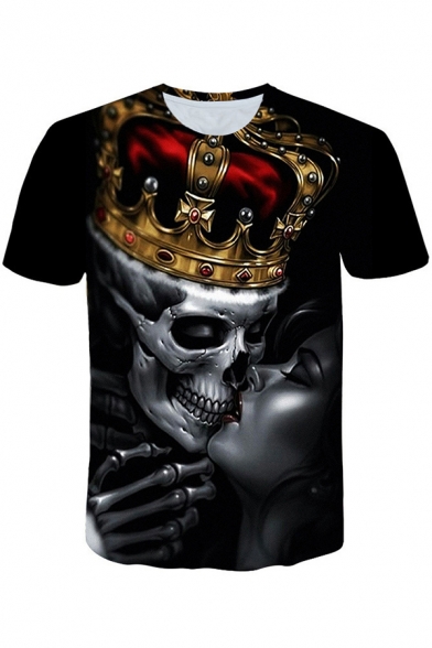 Fancy Men's Tee Top Crown Skull Digital 3D Print Crew Neck Short Sleeve T-Shirt