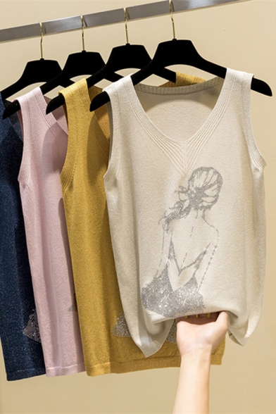 Fancy Women's Knit Vest Sequined Detail Figure Print Ribbed Trim V Neck Sleeveless Regular Fitted Knit Vest