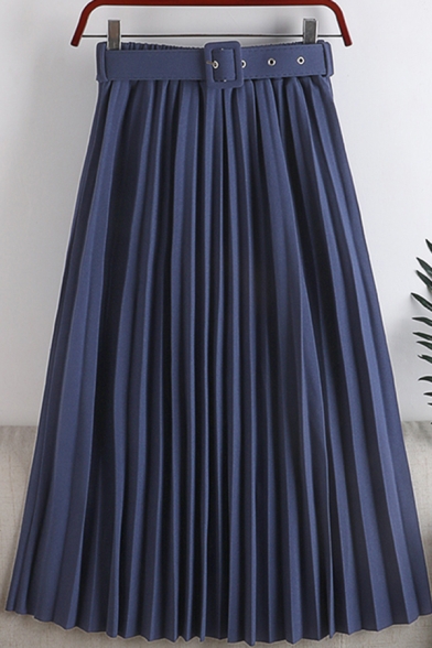 Fancy Women's Skirt Solid Color Pleated Detail Buckle Belt Elastic Waist Midi A-Line Skirt