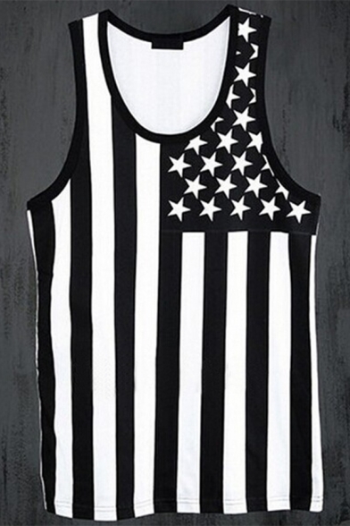 Fashion American Flag Print Mens Slim Fit Black and White Tank Top