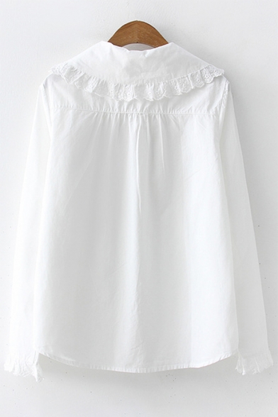 Girls' Lovely Ruffle Trim Peter-Pan Collar Long Sleeve Button Front White Shirt