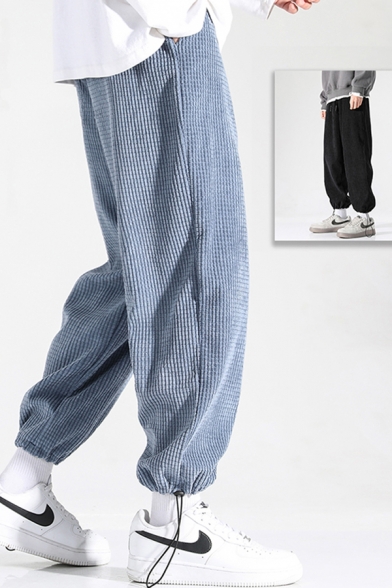 Leisure Men's Pants Solid Color Corduroy Drawstring Hem Side Pocket Ankle Length Pants