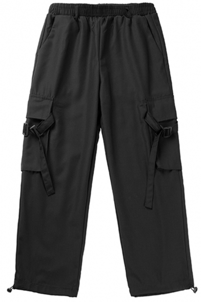 Leisure Men's Pants Solid Color Flap Pocket Buckle Design Elastic Waist Drawstring Hem Ankle Length Pants