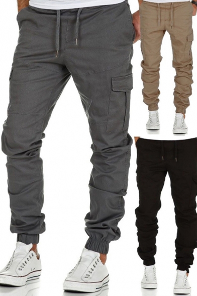 Leisure Men's Pants Solid Color Flap Pocket Drawstring Waist Ankle Tied Tapered Pants