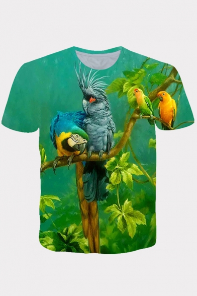 Leisure Men's Tee Top Parrot Digital 3D Print Crew Neck Short Sleeve Regular Fitted T-Shirt