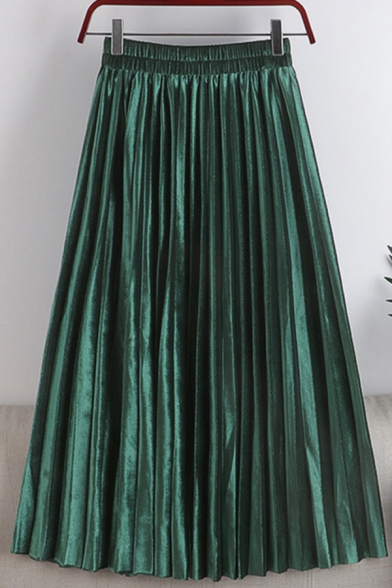 Leisure Women's Skirt Solid Color Velvet Elastic Waist Pleated Midi A-Line Skirt