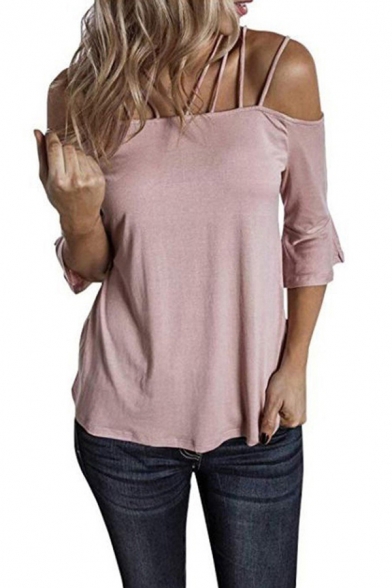 Leisure Women's Tee Top Solid Color Spaghetti Straps Cold Shoulder Half Sleeves Regular Fitted T-Shirt
