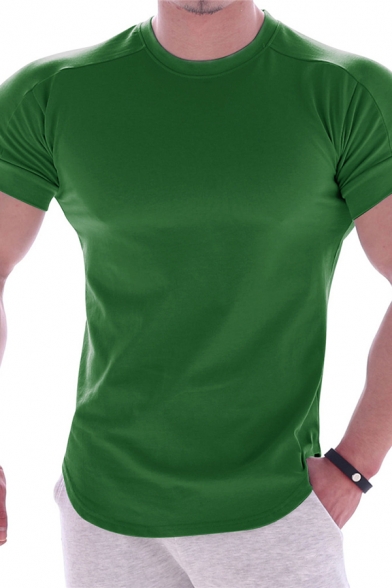 Muscle Tee Top Solid Color Short Sleeve Crew Neck Fitted T Shirt for Guys