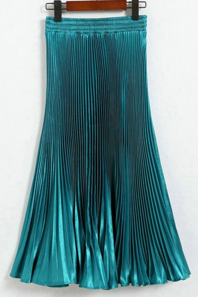 Novelty Womens Skirt Solid Color Metallic Midi High Elastic Waist Pleated Skirt