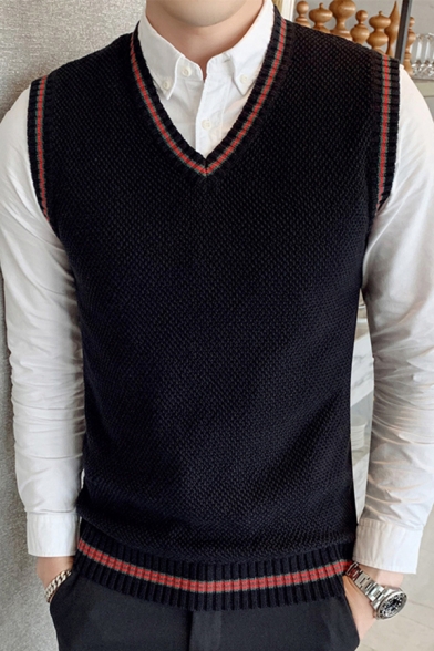 Stylish Men's Knit Vest Contrast Stripe Pattern Ribbed Trim V Neck Sleeveless Regular Fitted Pullover Knit Vest