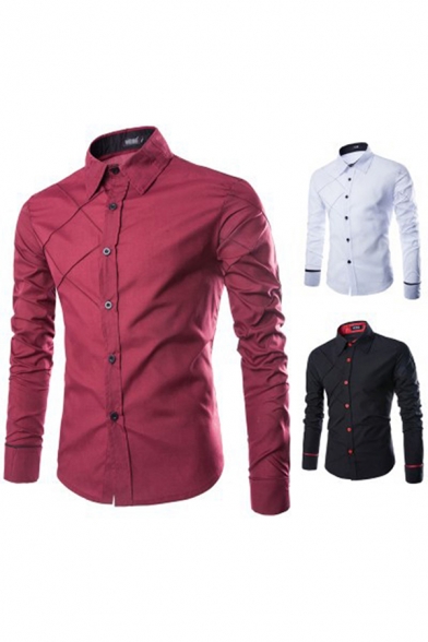 Stylish Men's Shirt Panel Button Closure Long Sleeves Point Collar Regular Fitted Shirt
