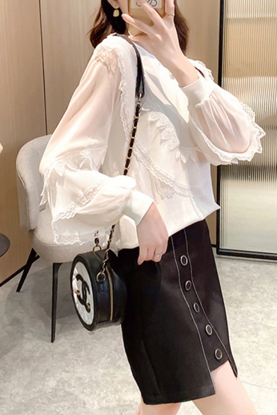 Stylish Shirt Solid Color Chiffon Bell Sleeve Crew Neck Lace Trim Loose Shirt for Women