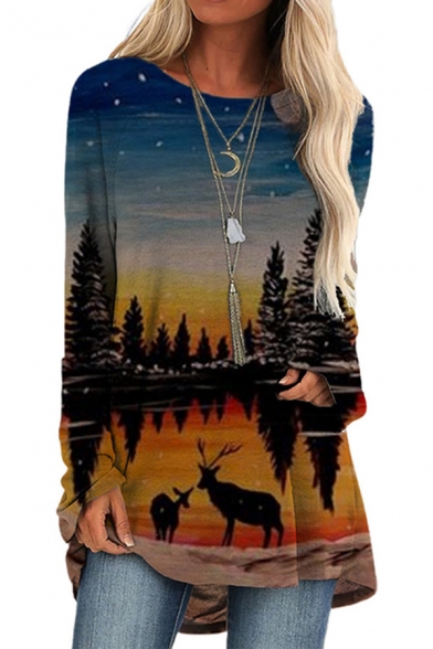 Stylish T Shirt Tree Deer Patterned Long Sleeve Round Neck Tunic Relaxed Tee Top for Girls