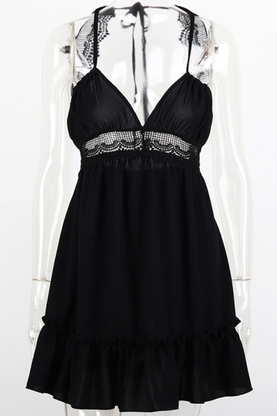 Summer Girls Dress Plain Lace Panel Spaghetti Straps V-neck Ruffled Short Pleated A-line Cami Dress
