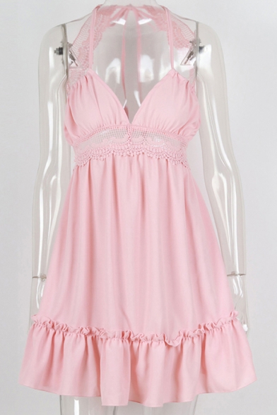 Summer Girls Dress Plain Lace Panel Spaghetti Straps V-neck Ruffled Short Pleated A-line Cami Dress