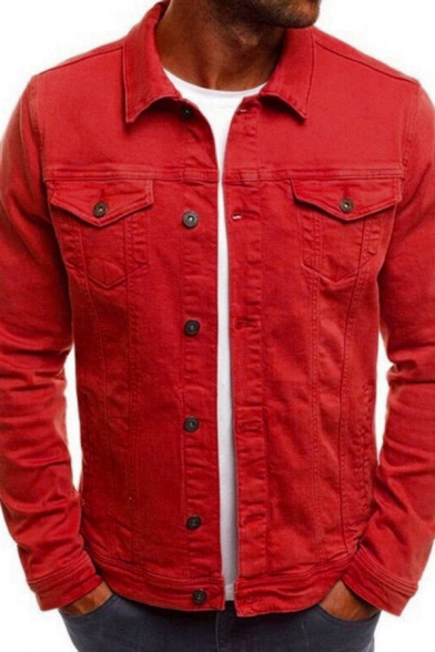 Trendy Men's Denim Jacket Solid Color Flap Chest Pocket Spread Collar Long Sleeves Regular Fitted Denim Jacket