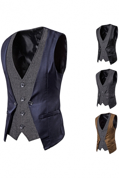 Trendy Men's Suit Vest Satin Patchwork Contrast Panel Button Fly Asymmetric Hem Sleeveless Fitted Suit Vest