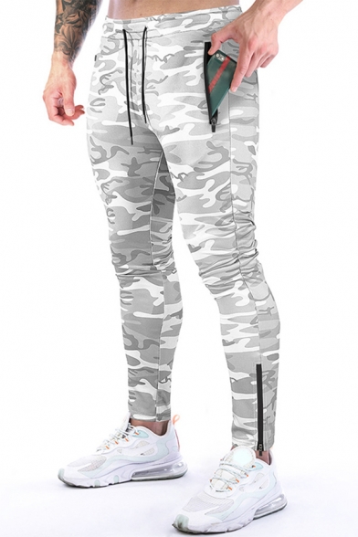 Trendy Mens Pants Camo Printed Drawstring Waist Ankle Length Zipper Front Fit Pants