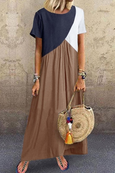 Trendy Women's T-Shirt Dress Contrast Panel Color Block Boat Neck Short Sleeves Pleated Detail Long T-Shirt Dress