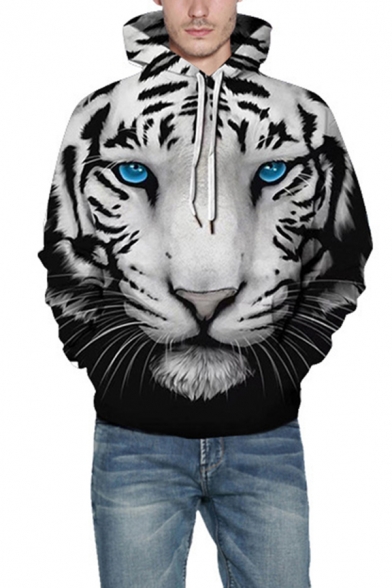 Unique Men's Hoodie Tiger Digital 3D Print Front Pocket Long Sleeve Regular Fitted 3D Hooded Sweatshirt