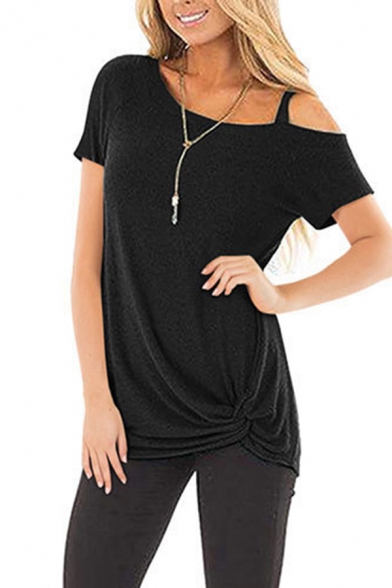 All-Match Women's Tee Top Heathered Hollow out Twist Front Short Sleeves Regular Fitted T-Shirt