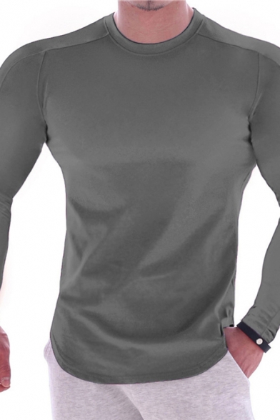 Basic Mens T Shirt Solid Color Long Sleeve Crew Neck Fit Tee Top