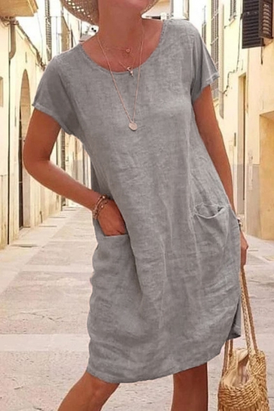 Basic Womens Dress Linen and Cotton Short Sleeve Round Neck Short Shift Tee Dress