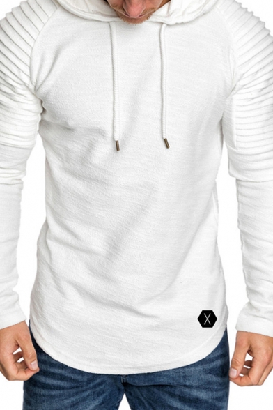 Elegant Men's Hoodie Pleated Detail Raglan Long Sleeves Drawstring Hooded Sweatshirt