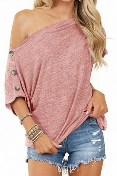 Elegant Women's Tee Top Heathered One Shoulder Button Design Short Sleeves Relaxed Fit T-Shirt