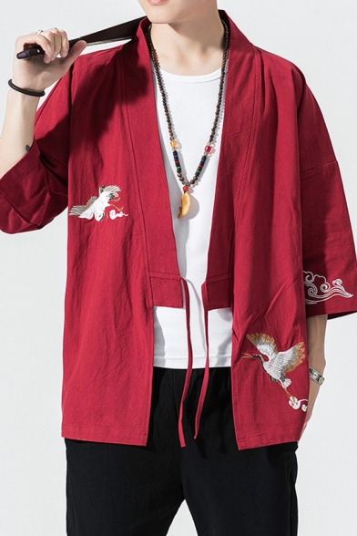 Fancy Men's Coat Crane Embroidered Drawstring Front Half Sleeve Relaxed Fit Coat