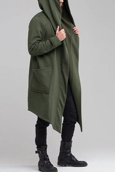 Fancy Men's Jacket Solid Color Open Front Pocket Detail Long Sleeves Relaxed Fit Hooded Jacket