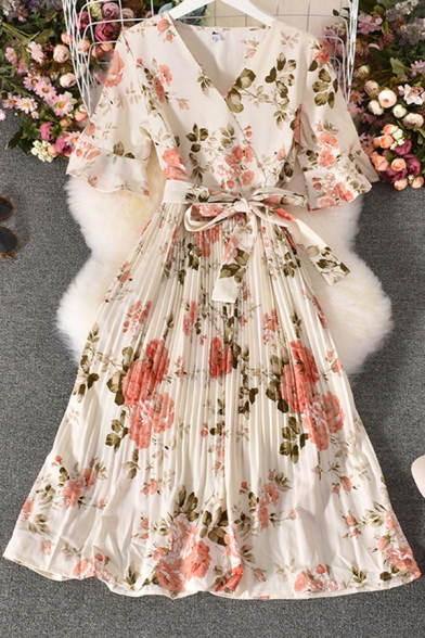 Fancy Women's A-Line Dress Floral Pattern Wrap Front Pleated Detail Tie Waist Half Flare Cuff Sleeve Midi A-Line Dress